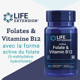 Life Extension, Bioactive Folate & Vitamine B12, Hautement Dosé, 90 Capsules végétaliennes, Testé en Laboratoire, Végétarien,