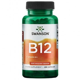 Swanson, Vitamine B12, Cyanocobalamine, 500mcg, 250 Capsules, Hautement Dosé, Testé en Laboratoire, Sans Soja, Sans Gluten, S