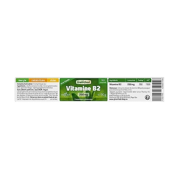 Greenfood Vitamine B2 Riboflavine , 250 mg, dose élevée, comprimés, vegan - pour le fonctionnement normal du système nerveux