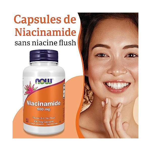 Now Foods, Niacinamide, 500 mg, Capsules végétaliennes, Testé en Laboratoire, Vitamine B3, Sans Gluten, Sans Soja, Végétarien