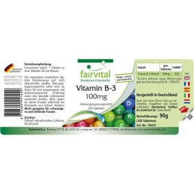 Fairvital | Vitamine B3 Niacine 100mg - boite de 8 mois - VEGAN - Fortement dosé - 250 comprimés - nicotinamide