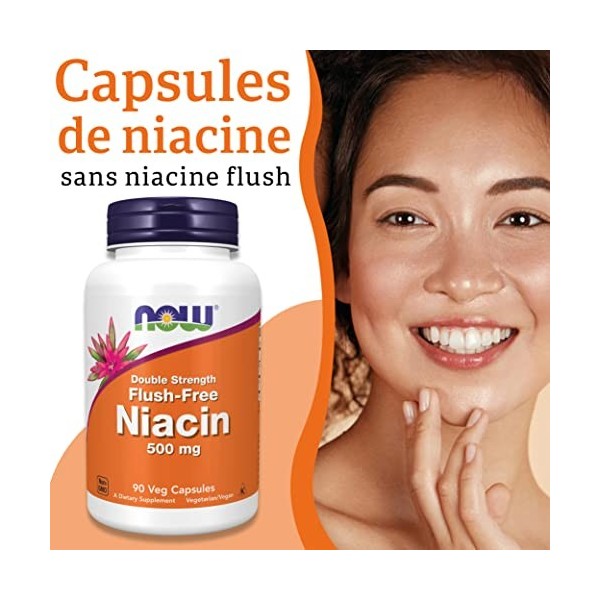 Now Foods, Niacine sans Effet de Flux, 500 mg, 90 Gélules végétaliennes, Testé en Laboratoire, Vitamine B3, Sans Soja, Sans G