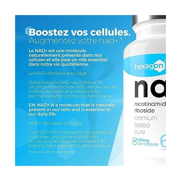 NAD+ Nicotinamide Riboside Chloride 300mg - +2 Mois de Cure - NAD Booster - Anti-Aging & Contre la Fatigue - Made in France -