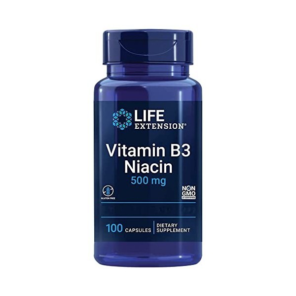 Life Extension, Niacine Vitamine B3 , 500mg, Hautement Dosé, 100 Capsules, Testé en Laboratoire, Sans Gluten, Sans Soja, San