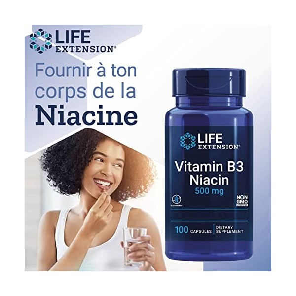 Life Extension, Niacine Vitamine B3 , 500mg, Hautement Dosé, 100 Capsules, Testé en Laboratoire, Sans Gluten, Sans Soja, San