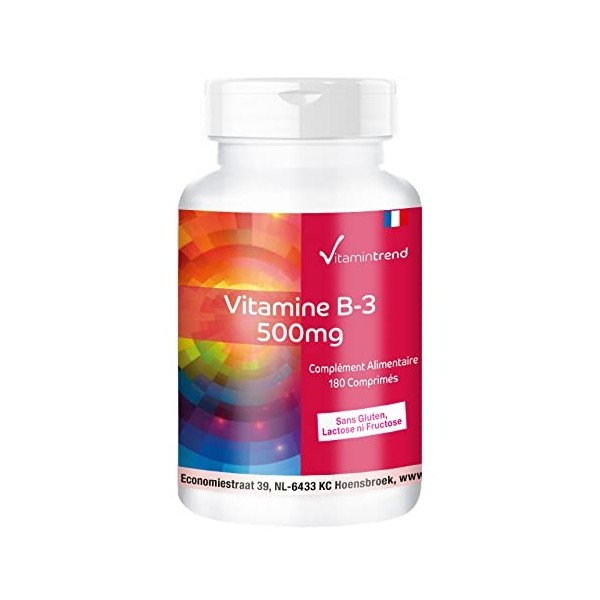 Vitamine B3 500mg - Boite de 180 comprimés - ! POUR 6 MOIS ! - Végan - Nicotinamide | Vitamintrend®