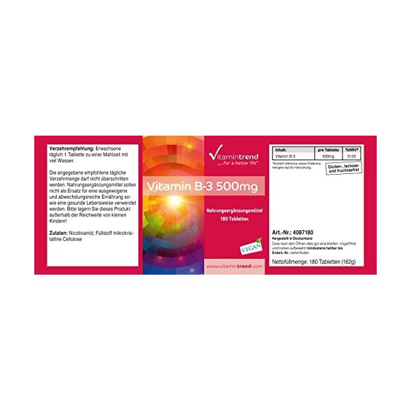 Vitamine B3 500mg - Boite de 180 comprimés - ! POUR 6 MOIS ! - Végan - Nicotinamide | Vitamintrend®