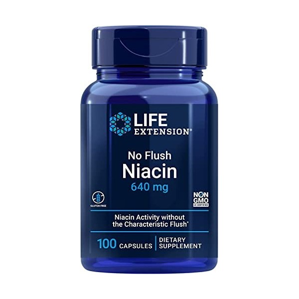 Life Extension, No-Flush Niacin Vitamine B3 Sans Flush , Hautement Dosé, 100 Capsules, Testé en laboratoire, Sans Gluten, Sa