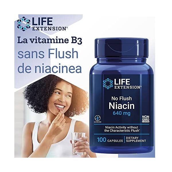 Life Extension, No-Flush Niacin Vitamine B3 Sans Flush , Hautement Dosé, 100 Capsules, Testé en laboratoire, Sans Gluten, Sa