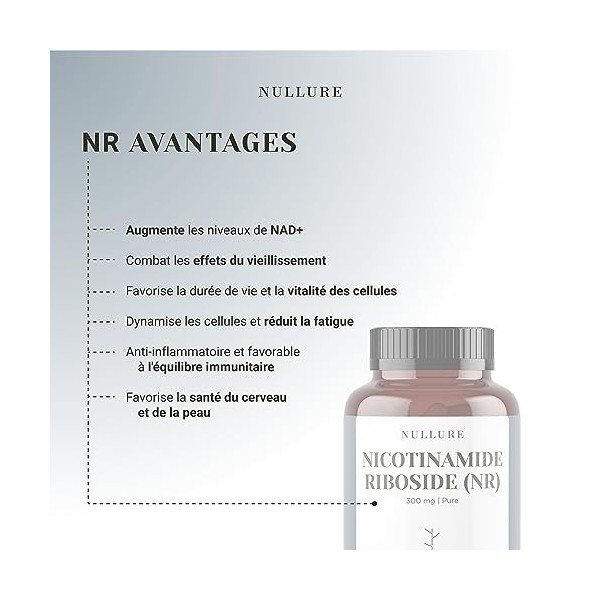 Nicotinamide Riboside NR Nullure | Précurseur de la NAD + | 300mg Testé en laboratoire allemand | Vegan | Antifatigue · Ant