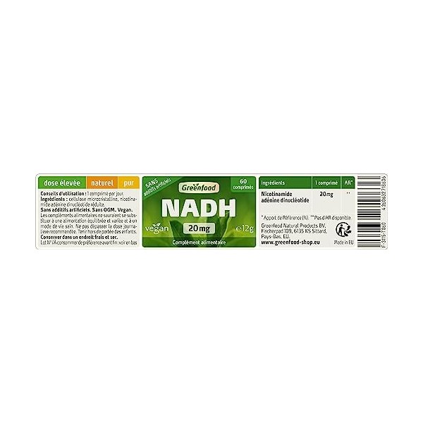 Greenfood NADH 20 mg,dose extra élevée, 60 comprimés - Sans additifs artificiels. Sans génie génétique. Vegan.