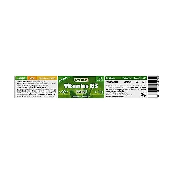 Greenfood Vitamine B3, flushfree, 250 mg, dose élevée, 180 comprimés, vegan - pour le fonctionnement normal du système nerveu