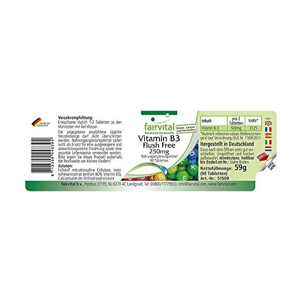 Fairvital | Vitamine B3 Flush Free - Niacine 250mg - HAUTEMENT DOSÉ - VEGAN - 90 Comprimés