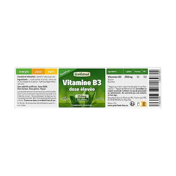 Greenfood La Vitamine B3, Sans chasse deau, 250 mg, dose élevée, 120 gélules - à réduire la fatigue. Sans additifs artificie