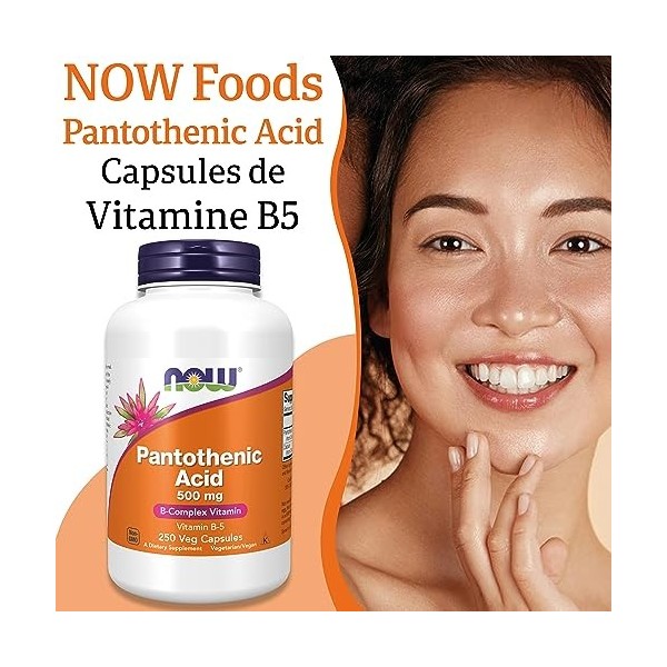 Now Foods, Pantothenic Acid Acide Pantothénique , 500 mg, 250 Gélules végétales, Testé en Laboratoire, Vitamine B5, Haute Do