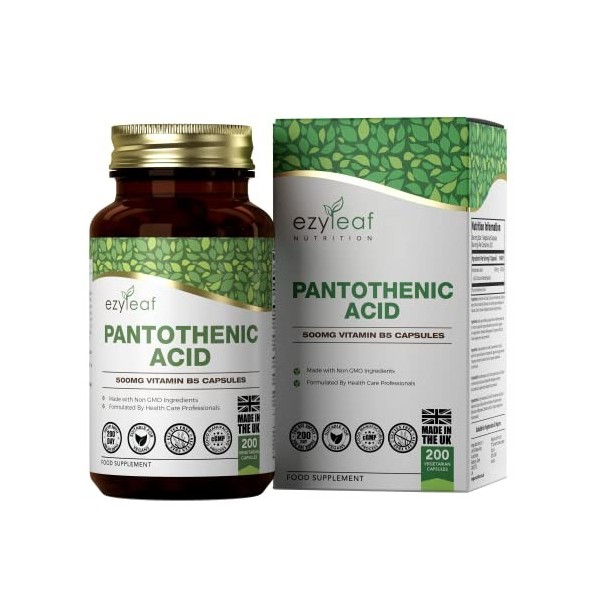 Ezyleaf Acide Pantothénique Supplément | 200 Capsules Vitamine B5 à Haute Teneur - 500mg Pantothenique B5 par portion | Vitam