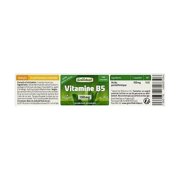 Greenfood Vitamine B5, 100 mg, dose élevée, 180 comprimés - Sans additifs artificiels. Sans génie génétique. Comprimés Vegan.