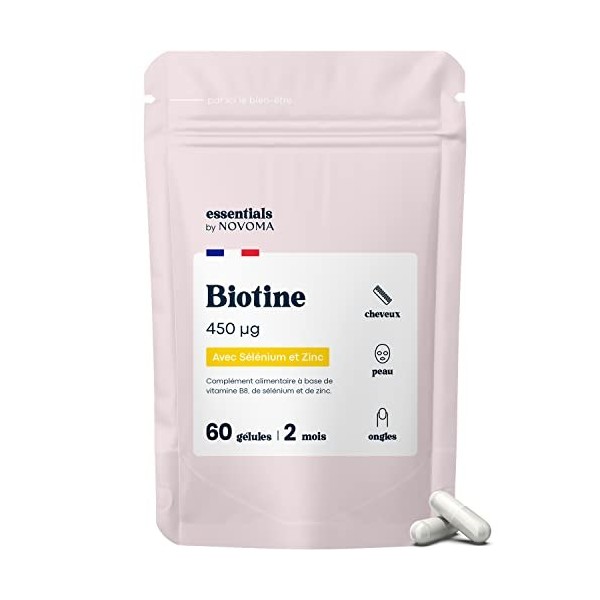 Biotine avec Sélénium et Zinc, Accélère la Pousse des Cheveux, Cure de 2 mois, 60 Gélules Végétales, Complément Alimentaire d