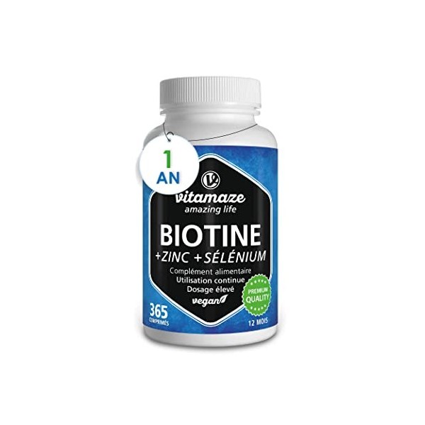 Biotine Complexe 10.000mcg - 365 Micro-Comprimés 1An avec Sélénium et Zinc - Accélère Pousse des Cheveux, Peau et des Onglé