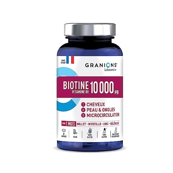 Biotine 10 000 µg - CHEVEUX, PEAU & ONGLES - MICROCIRCULATION - Vit. B5 & B8, Millet, Cystine, Myrtille, Zinc, Sélénium - Veg