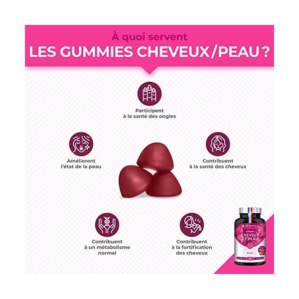 Gummies Cheveux et Ongles - Santé des Cheveux et des Ongles - Qualité de la Peau - Avec Biotine, Zinc et Sélénium - 60 Gummie