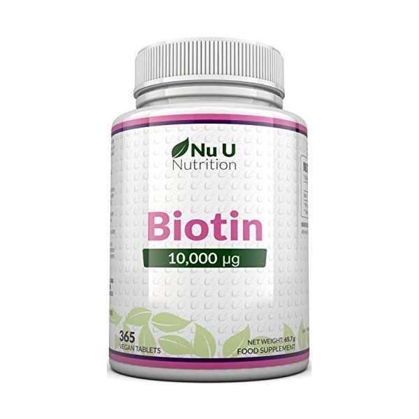 Biotine 10000 µg | 365 Comprimés végétales | Vitamine B8 pour la Pousse des Cheveux | 1 an dapprovisionnement | Compléments 