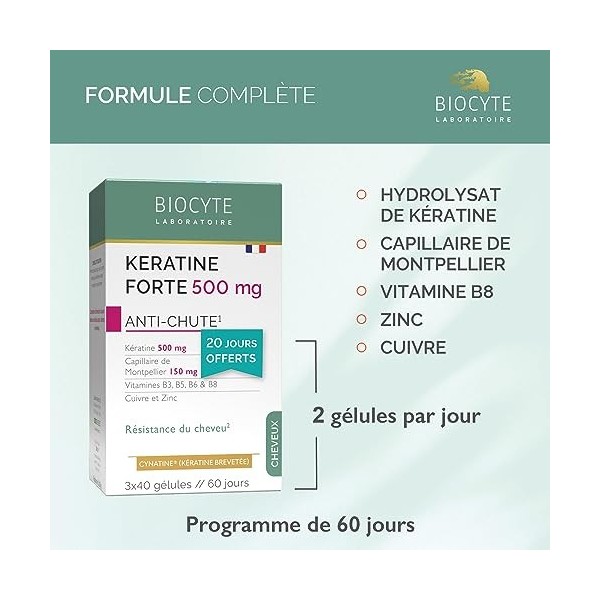 Pack Kératine Forte 500mg - Complément alimentaire Résistance du cheveu - Kératine, Capillaire de Montpellier, Vitamine B8, Z