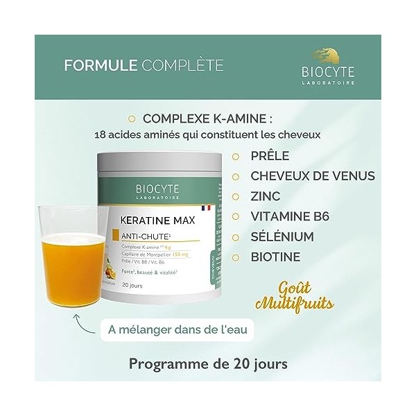 Kératine Max Poudre à Diluer- Complément Alimentaire Anti-Chute des Cheveux - Acides Aminés, Cheveux de Vénus, Prêle, Zinc, S