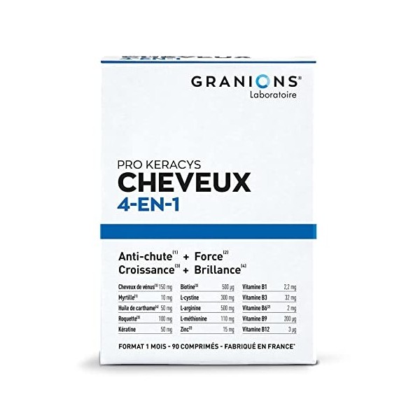 GRANIONS PRO KERACYS 4-EN-1 | Anti-chute Cheveux + Force + Croissance + Brillance | FORMAT 1 MOIS : 90 Gélules | Fabriqué en 