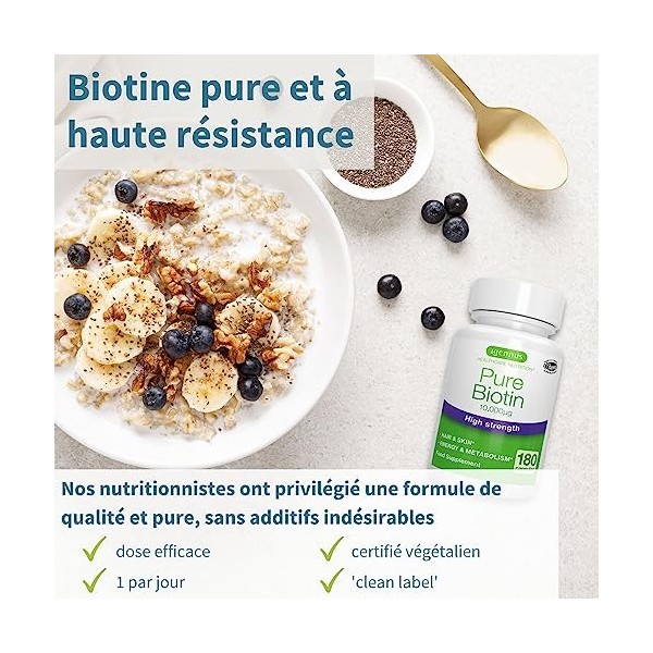 Biotine Pure 10 000 mcg, D-biotine, 1 par jour, 180 capsules, vérifié en laboratoire, végétalien et hypoallergénique, supplém