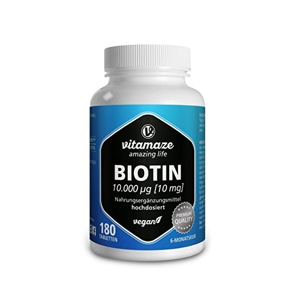 Biotine 10.000 mcg Pousse des Cheveux -180 Comprimés pour 6 Mois - Vitamine B7 Pure - Compléments Alimentaires Cheveux, Ongle
