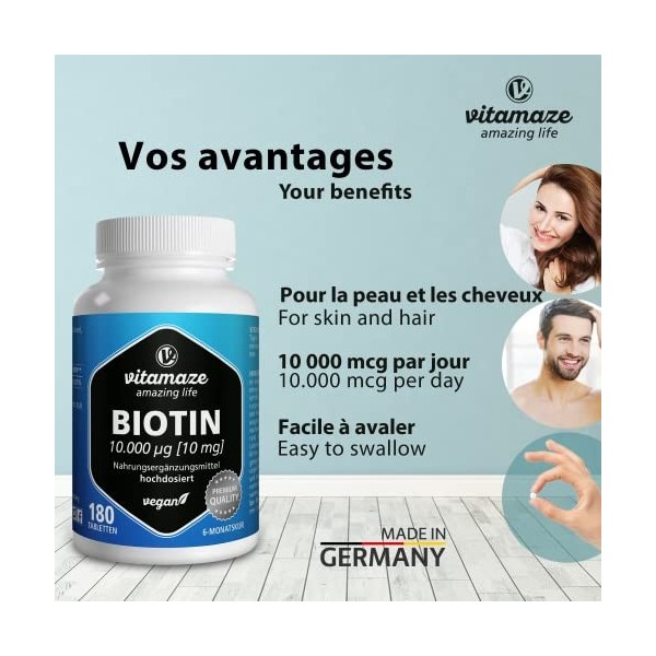Biotine 10.000 mcg Pousse des Cheveux -180 Comprimés pour 6 Mois - Vitamine B7 Pure - Compléments Alimentaires Cheveux, Ongle