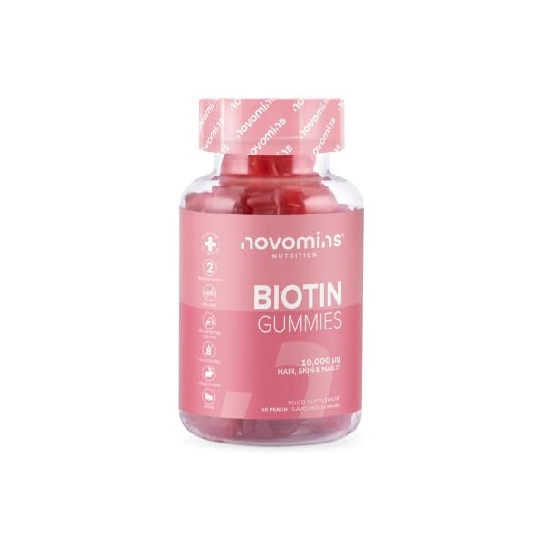 Novomins Gummies à la Biotine – 10,000 mcg – 2 Mois dApprovisionnement – Gummies Cheveux Vitamines à Mâcher pour la Croissan