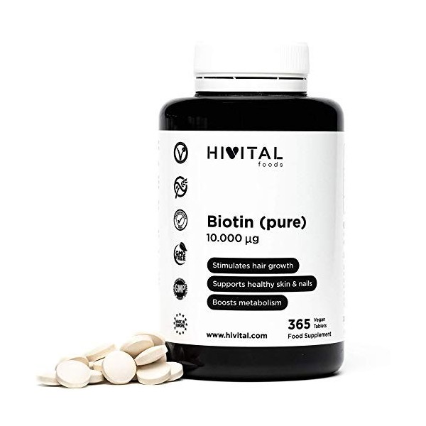 Biotine 10000 mcg Vitamine B7 | 365 comprimés végétaliens 1 an de traitement | Stimule la croissance des cheveux, aide à 