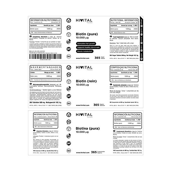 Biotine 10000 mcg Vitamine B7 | 365 comprimés végétaliens 1 an de traitement | Stimule la croissance des cheveux, aide à 