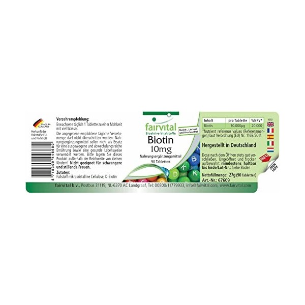 Fairvital | Biotine 10mg - Fort - avec 10000mcg de Biotine par comprimé - Vitamine B7 - VEGAN - 90 comprimés