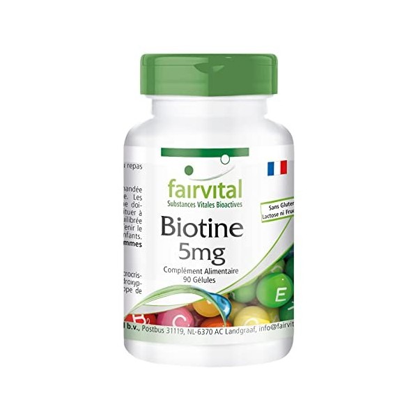 Fairvital | Biotine 5mg - Fort - avec 5000mcg de Biotine par gélule - Vitamine B7 - VEGAN - 90 gélules