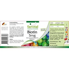Fairvital | Biotine 5mg - Fort - avec 5000mcg de Biotine par gélule - Vitamine B7 - VEGAN - 90 gélules