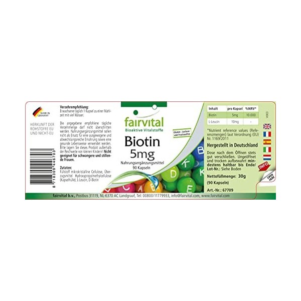 Fairvital | Biotine 5mg - Fort - avec 5000mcg de Biotine par gélule - Vitamine B7 - VEGAN - 90 gélules