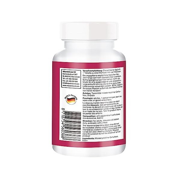 Biotine 10mg – Vitamine B7 – Hautement dosé - avec 10000μg de Biotine - Boite de 180 comprimés - Végan ! POUR 6 MOIS ! | Vita