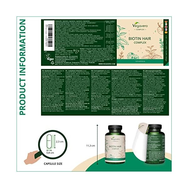 Biotine Complex Vegavero® | 100% Naturel | Avec Zinc, Sélénium, Amla, Prêle, Mela Annurca, L-Méthionine et L-Cystéine | Cheve