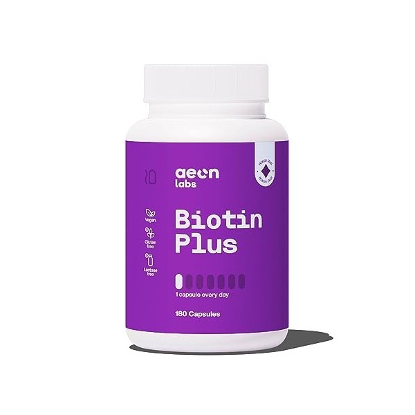 AEON LABS Biotine 450 µg - Zinc 10mg avec Sélénium 100 µg - 180 Capsules - Favorise la Repousse des Cheveux, la Peau et des O
