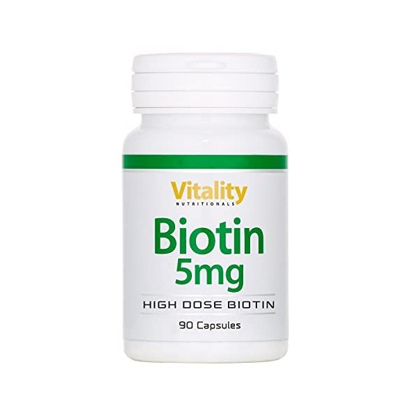 Biotine 5000 mcg, Accélère Pousse Cheveux, Ongles, Peau. Dbiotine, forme active naturelle de la biotin. 90 Gélules, 3 mois. C