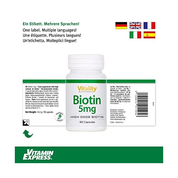 Biotine 5000 mcg, Accélère Pousse Cheveux, Ongles, Peau. Dbiotine, forme active naturelle de la biotin. 90 Gélules, 3 mois. C