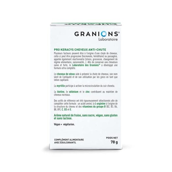 GRANIONS PRO KERACYS ANTI-CHUTE - Préviens la chute du cheveux - L-Arginine, Vit B2, B3, B6, B9, C, E, Biotine, Zinc, Séléniu