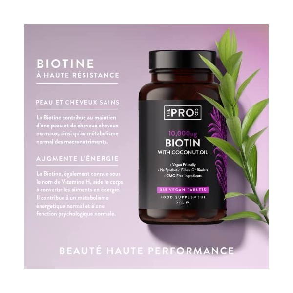 Biotine 10000 mcg avec huile de noix de coco - 365 comprimés végan 1 an approvisionnement - Supplément de croissance des ch