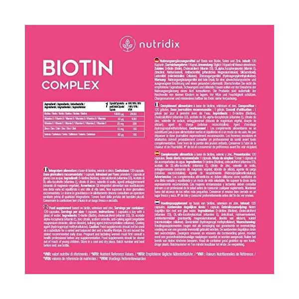 Biotine 10.000 mcg par dose - Croissance des Cheveux et Entretien des Ongles - Biotine avec Zinc, Sélénium, Vitamines D et E 