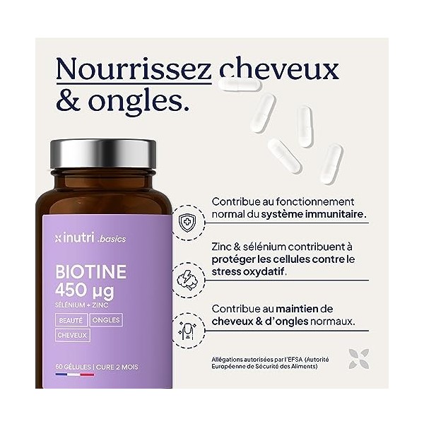 Biotine, Zinc + Selenium | Complement Alimentaire Cheveux de Vitamine B8 Biotine & Selenium Zinc Bisglycinate | 60 Gélules Cu