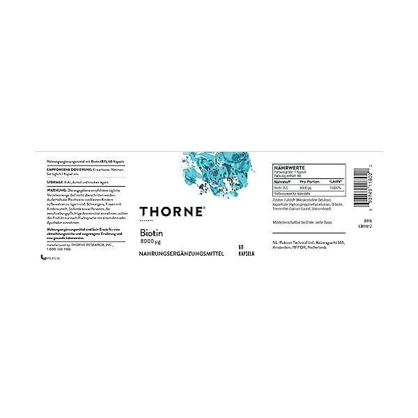 Thorne Biotin 8 - Vitamin B7 Biotin pour des Cheveux, des Ongles et une Peau Sains - 60 Capsules