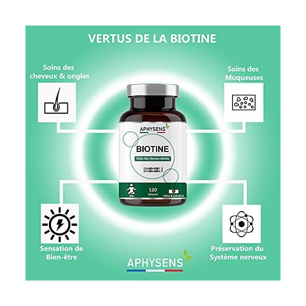 Biotine Végétale | Soin des Cheveux et Ongles | sans additifs | Vitamine B8 très concentrée | 120 gélules Trois mois de Cure 